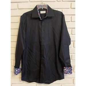 John Henric Milano‎ Dress Shirt Men's 16.5 42 Black  w/Floral Flip Cuffs -Cotton
